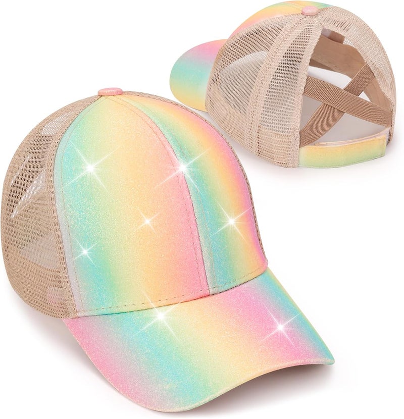 BROMZ Girls Glitter Baseball Cap Kids Ponytail Hat Adjustable Summer Mesh Trucker Hats for 4-12 Years - Image 1